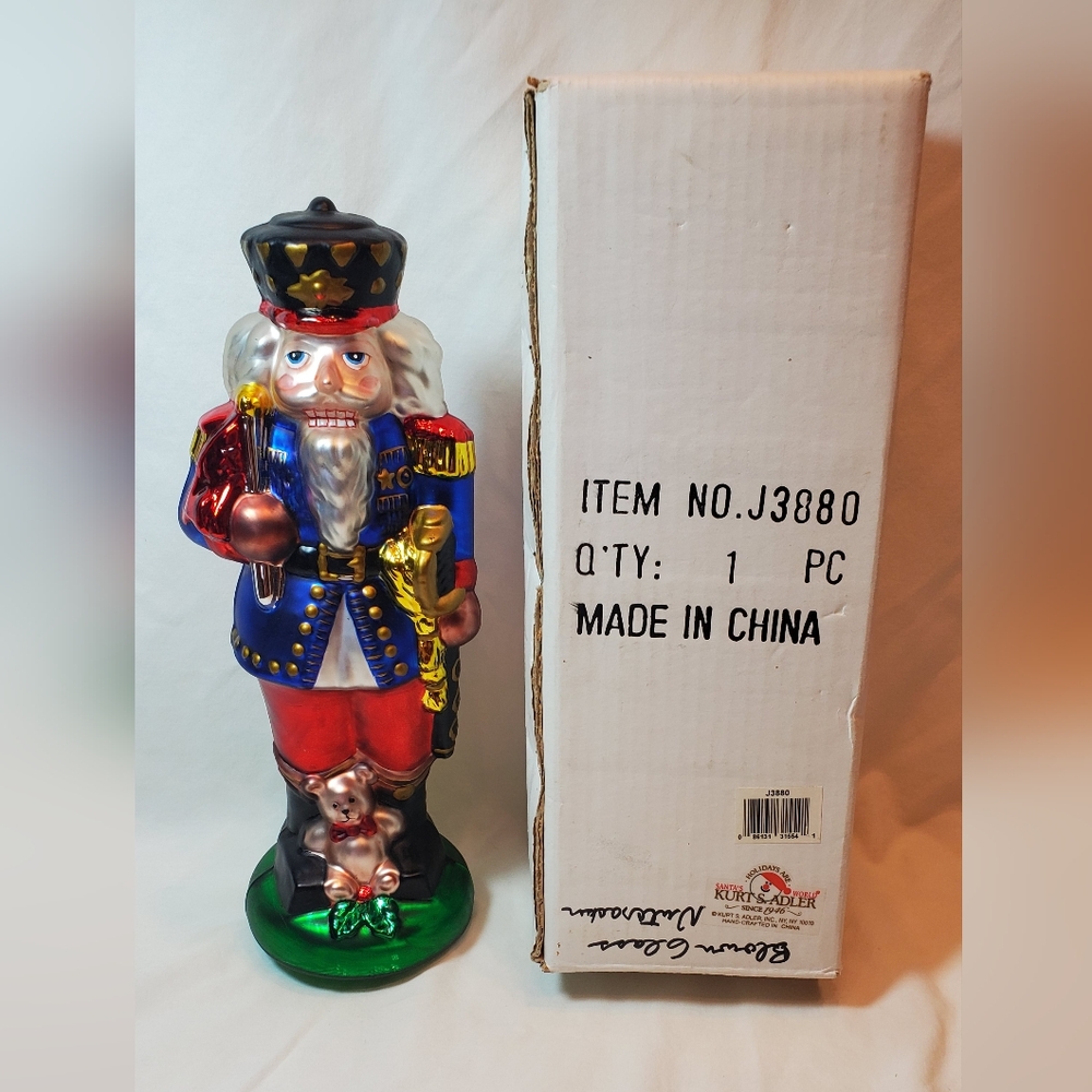 Kurt S. Adler Nutcracker Vtg Hand Painted Blown Glass Figurine Teddy Bear, 13"T